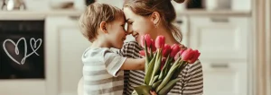 Mama, die einen Strauß Blumen in der Hand hält und von ihrem Sohn gedrückt wird.