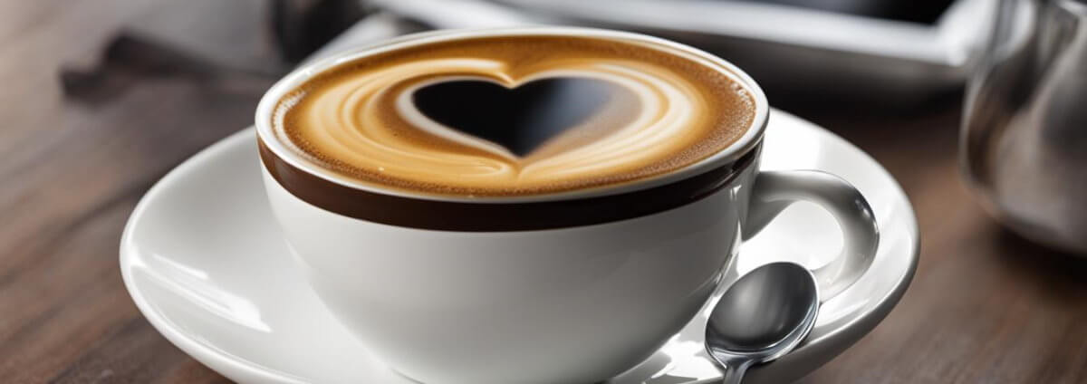 Weiße Kaffeetasse mit einer Crema, die ein Herz bildet.