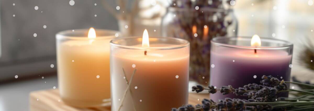 Kerzen im Glas mit einem Bund Lavendel.