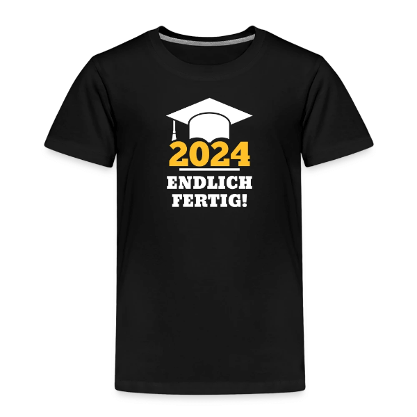 Kinder T-Shirt mit einem Doktorhut und dem Spruch "2024 Endlich fertig"