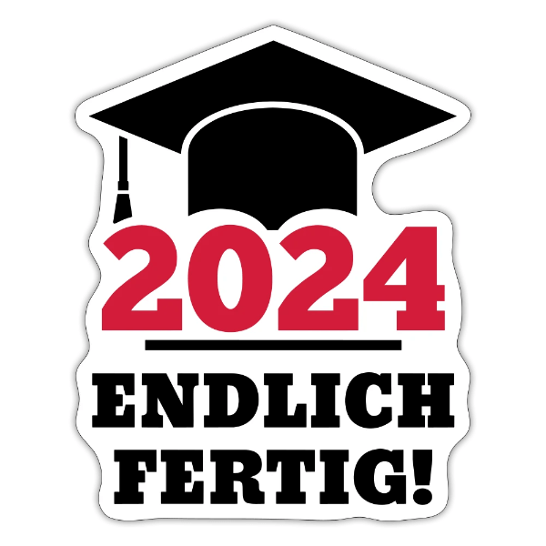 Sticker mit einem Doktorhut und dem Spruch "2024 Endlich fertig"