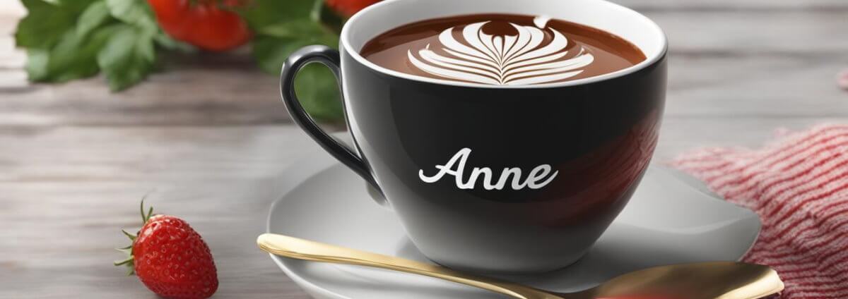 Schwarze Kaffeetasse, die mit dem Namen Anne bedruckt ist.