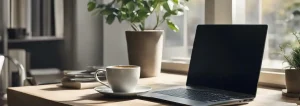 Schreibtisch mit einem Laptop und einer Kaffeetasse.