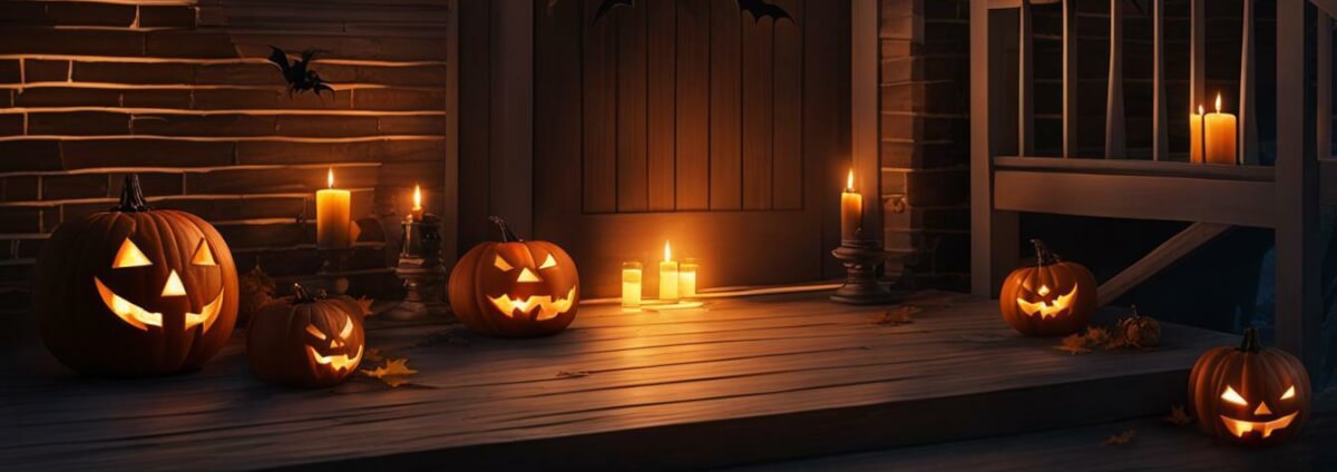 Halloween Kürbisse, Kerzen und Fledermäuse vor einem Haus.