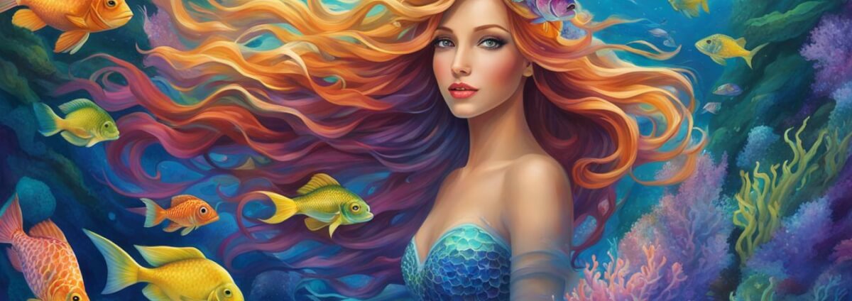 Meerjungfrau mit roten Haaren, die von Fischen umgeben ist.